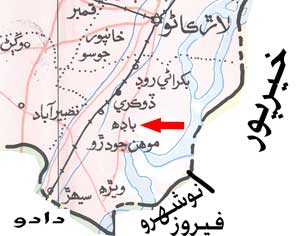 نقشي ۾ باڊهه شهر تير جي نشان سان ڏيکاريل آهي